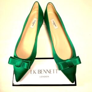LK Bennett Pointed-Toe Flats in Emerald Green Satin with Bow Detail size 41/10.5